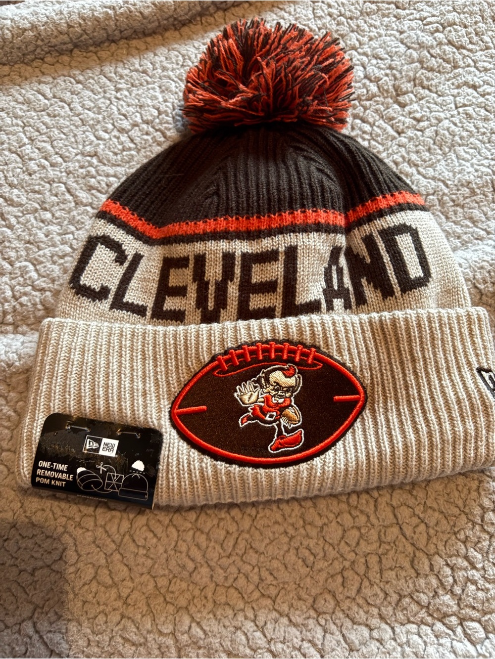 New Era Cleveland Knit Beanie with Removable Pom - Tan, Brown & Orange